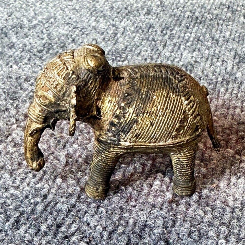 Vintage Indian Dhokra Brass Elephant Lost Wax Tribal Folk Art Figurine 3"